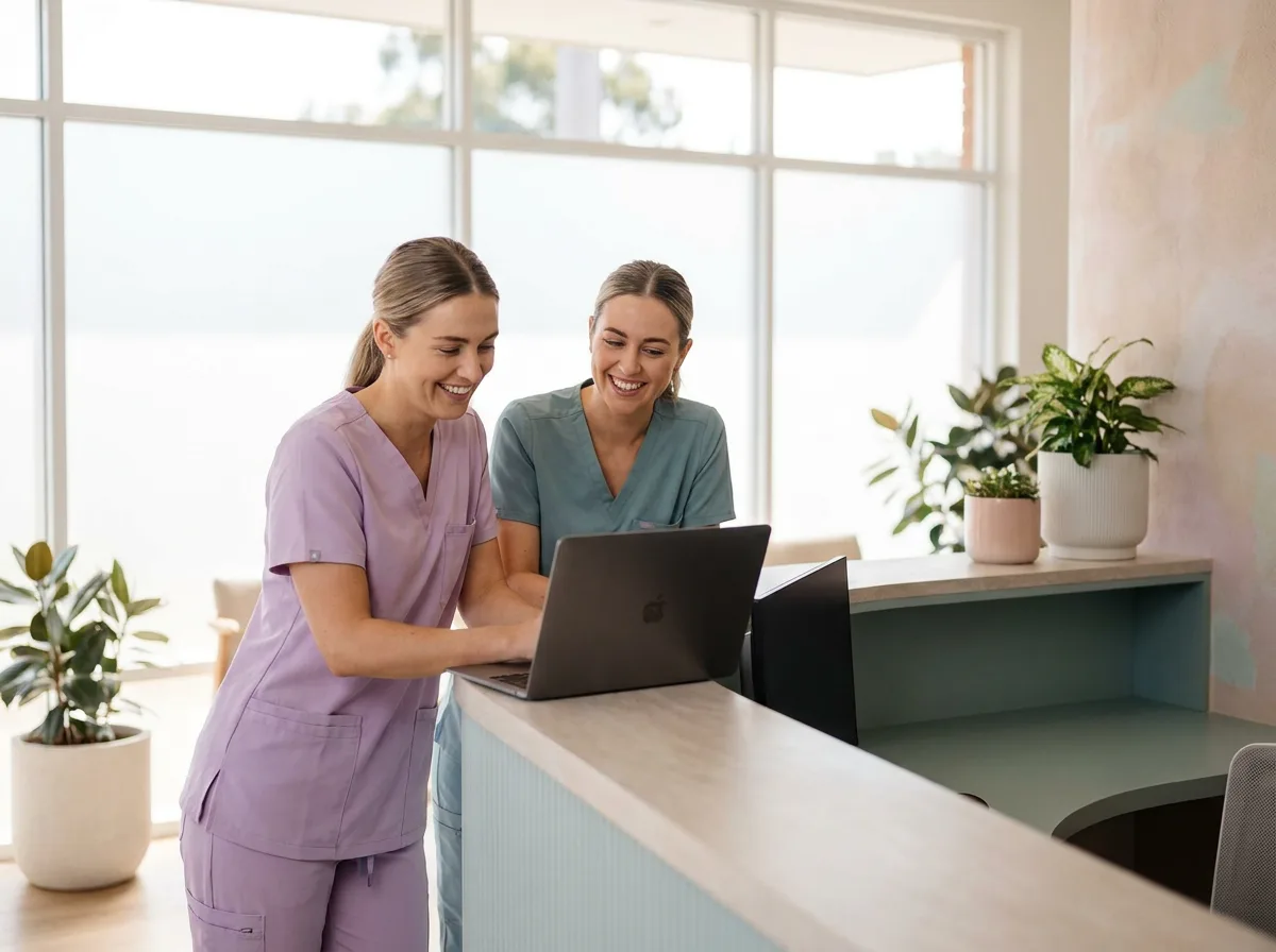 Two clinic front-desk staff reviewing the ZenoDesk dashboard together