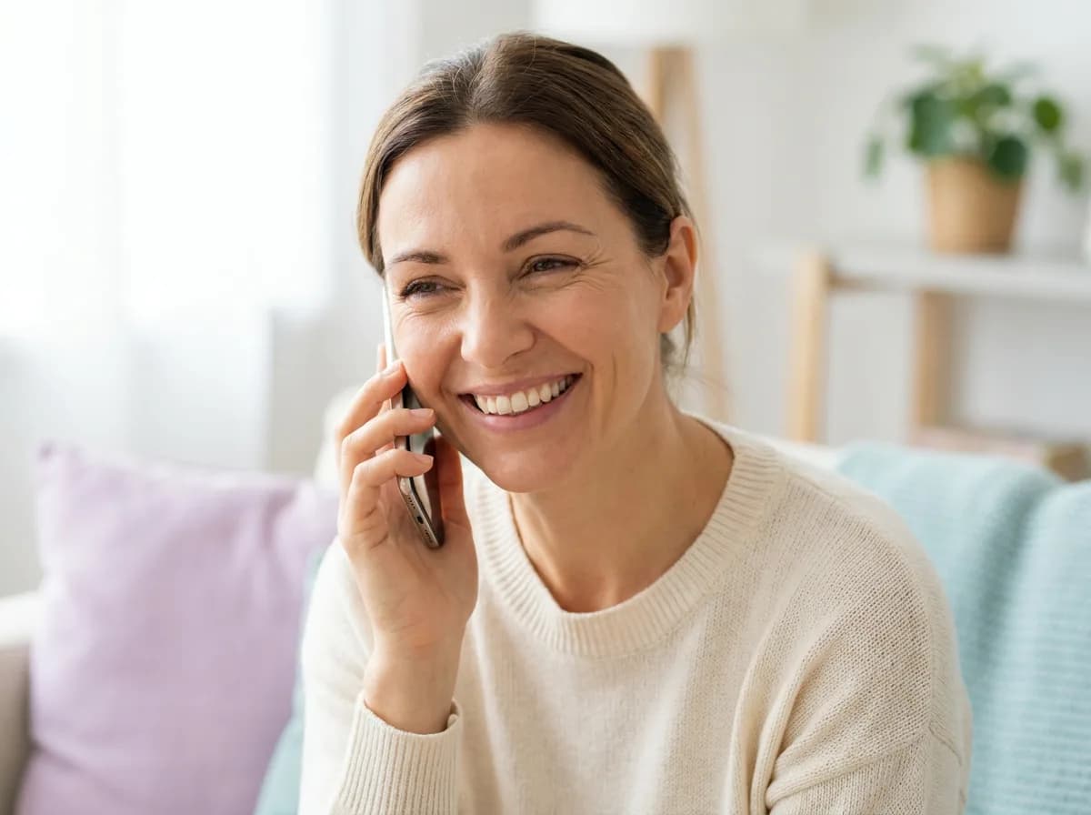 Someone smiling while talking to an AI receptionist on the phone